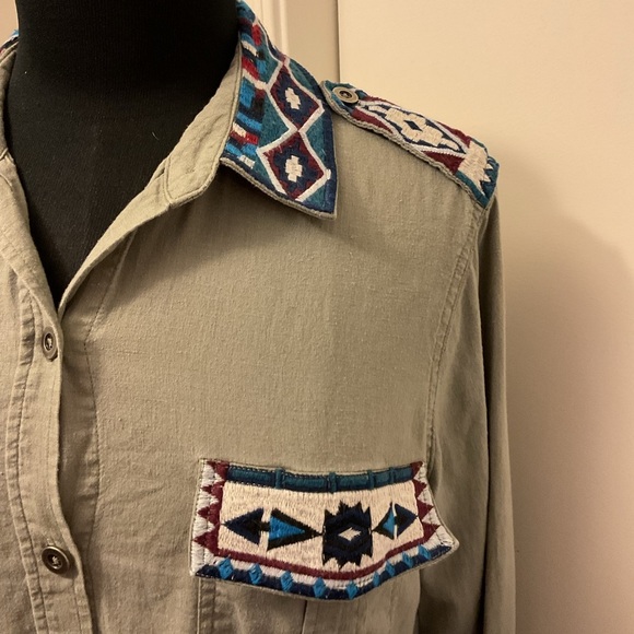 2. RAILS Kona Button-Front Linen Blend Embroidered Olive Green Shirt Sz S - Picture 4 of 8